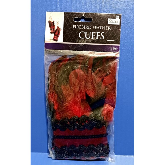 Firebird Feather Wrist Cuffs Red Black Sequin Trim Feather (cuffs not gloves) - Picture 4 of 4